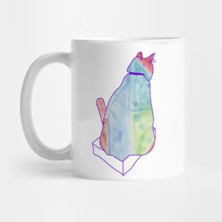 A colorful cat tries to sit in a little box Mug